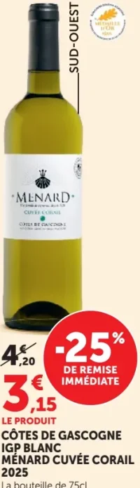 Vin Blanc Côtes de Gascogne IGP Blanc Ménard Cuvée Corail 2025