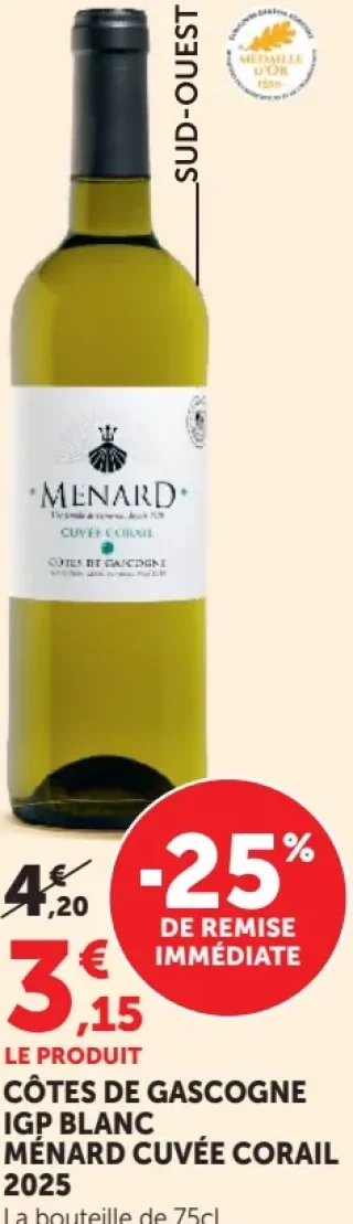 Vin Blanc Côtes de Gascogne IGP Blanc Ménard Cuvée Corail 2025