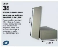 Plaque de plâtre BA10 NF 2,5x1,2m Planodis