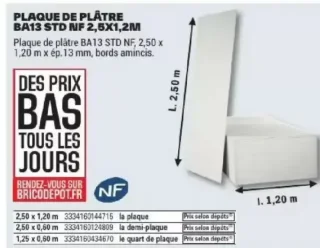 Plaque de plâtre BA13 STD NF 2,5x1,2m Planodis