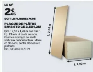 Plaque de plâtre BA13 STD CE 2,5x1,2m Planodis