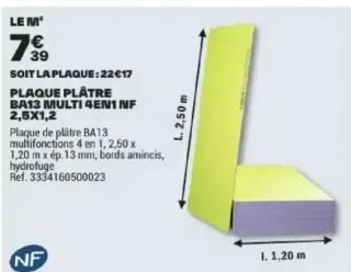 Plaque de plâtre BA13 Multi 4en1 NF 2,5x1,2