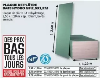 Plaque de plâtre BA13 Hydro NF 2,5x1,2m