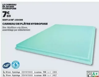 Carreau de plâtre hydrofuge ép. 50 mm