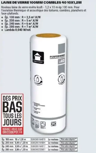Laine de verre 100mm combles 40 10x1,2m Isover
