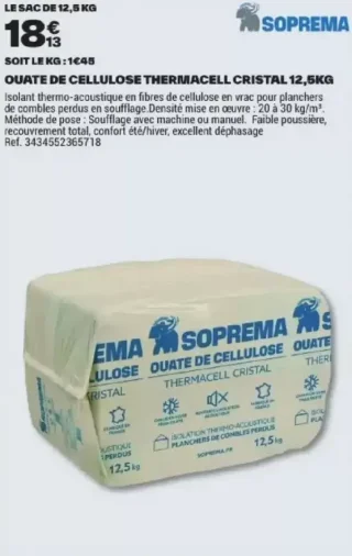 Ouate de cellulose Thermacell Cristal 12,5kg Soprema