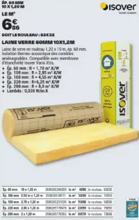 Laine de verre 60mm 10x1,2m Isover