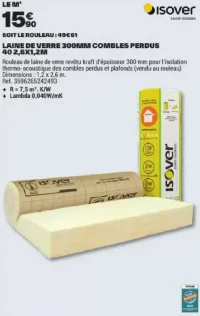 Laine de verre 300mm combles perdus 40 2,6x1,2m Isover