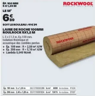 Laine de roche 100mm Roulrock 5x1,2 m Rockwool