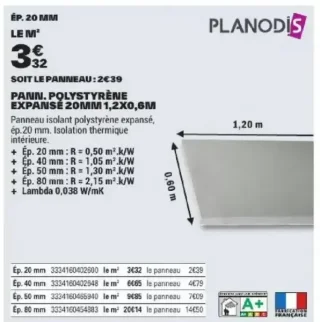 Panneau polystyrène expansé Planodis 20mm 1,2x0,6m