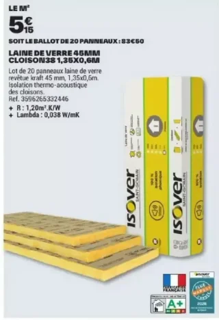LAINE DE VERRE 45MM CLOISON 38 1,35X0,6M