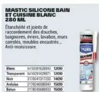 Rubson Mastic Silicone Bain et Cuisine Blanc 280ml