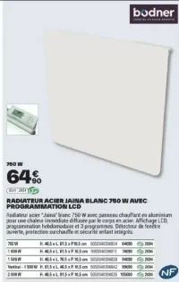 RADIATEUR ACIER JAINA BLANC 750 W AVEC PROGRAMMATION LCD