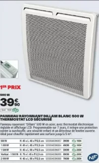 PANNEAU RAYONNANT DILLAM BLANC 500 W THERMOSTAT LCD SÉCURISÉ