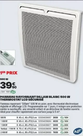 PANNEAU RAYONNANT DILLAM BLANC 500 W THERMOSTAT LCD SÉCURISÉ