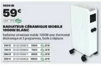 Radiateur Céramique Mobile 1000W Blanc