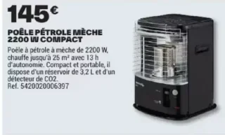 Poêle Pétrole Mèche 2200 W Compact