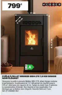 POÊLE À PELLET WEBBER WBH 278 7,9 KW DESIGN NOIR ÉLÉGANT