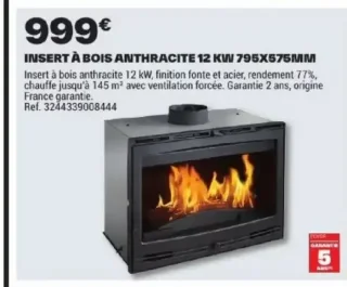 Insert à bois anthracite 12 kW 795x575mm