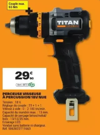 Perceuse visseuse à percussion 18V nue Titan