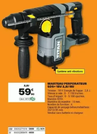 Marteau perforateur SDS+ 18V 2,8J nu Titan