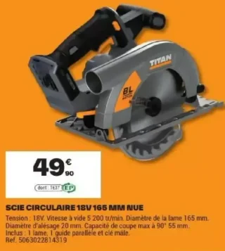 Scie circulaire 18V 165mm nue Titan