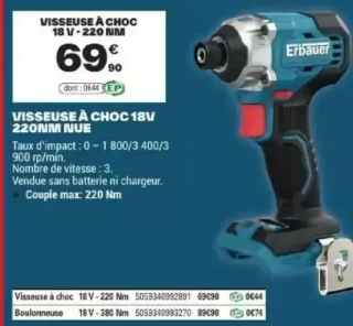 Erbauer Visseuse À Choc 18V 220NM Nue