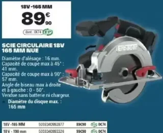 Scie circulaire Erbauer 18V 165 mm nue