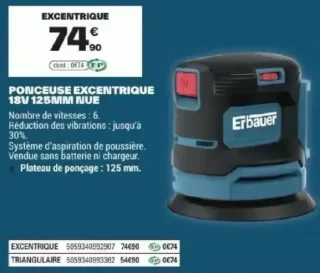 Ponceuse excentrique Erbauer 18V 125mm nue