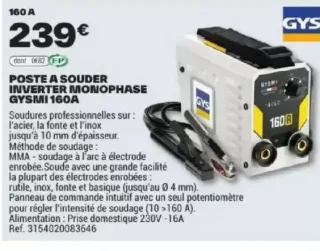 POSTE A SOUDER INVERTER MONOPHASE GYSMI 160A