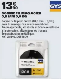 BOBINE FIL MAG ACIER 0,8 MM 0,9 KG