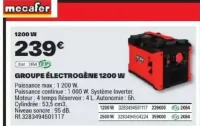 GROUPE ÉLECTROGÈNE 1200 W Mecafer