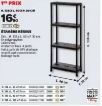 Étagère résine 1er Prix (H. 138 x L. 60 x P. 30 cm)