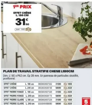 Plan de travail stratifié chêne L180cm