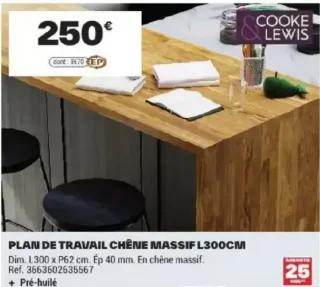 Cooke & Lewis Plan de travail chêne massif L300cm