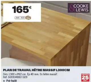 Cooke & Lewis Plan de travail hêtre massif L300cm