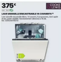 Lave vaisselle encastrable 14 couverts Cooke & Lewis