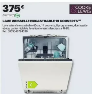 Lave vaisselle encastrable 14 couverts Cooke & Lewis