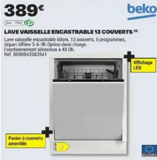 Lave vaisselle encastrable 13 couverts Beko