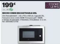 MICRO ONDE ENCASTRABLE 25L COOKE & LEWIS