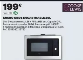 MICRO ONDE ENCASTRABLE 25L COOKE & LEWIS