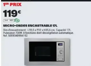 MICRO-ONDES ENCASTRABLE 17L 1ER PRIX