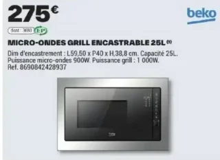 MICRO-ONDES GRILL ENCASTRABLE 25L beko
