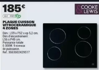 COOKE & LEWIS PLAQUE CUISSON VITROCÉRAMIQUE 4 ZONES