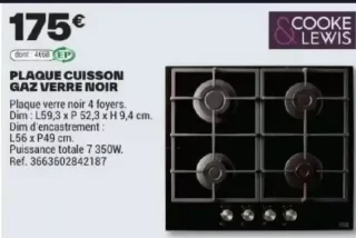 COOKE & LEWIS PLAQUE CUISSON GAZ VERRE NOIR