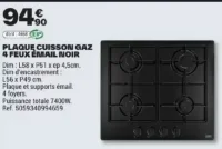 PLAQUE CUISSON GAZ 4 FEUX ÉMAIL NOIR