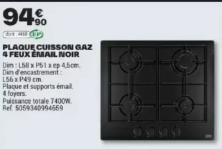 PLAQUE CUISSON GAZ 4 FEUX ÉMAIL NOIR