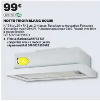 HOTTE TIROIR BLANC 60CM