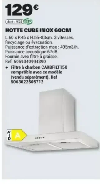 HOTTE CUBE INOX 60CM