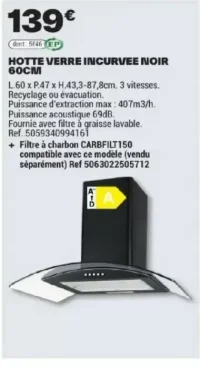 HOTTE VERRE INCURVEE NOIR 60CM